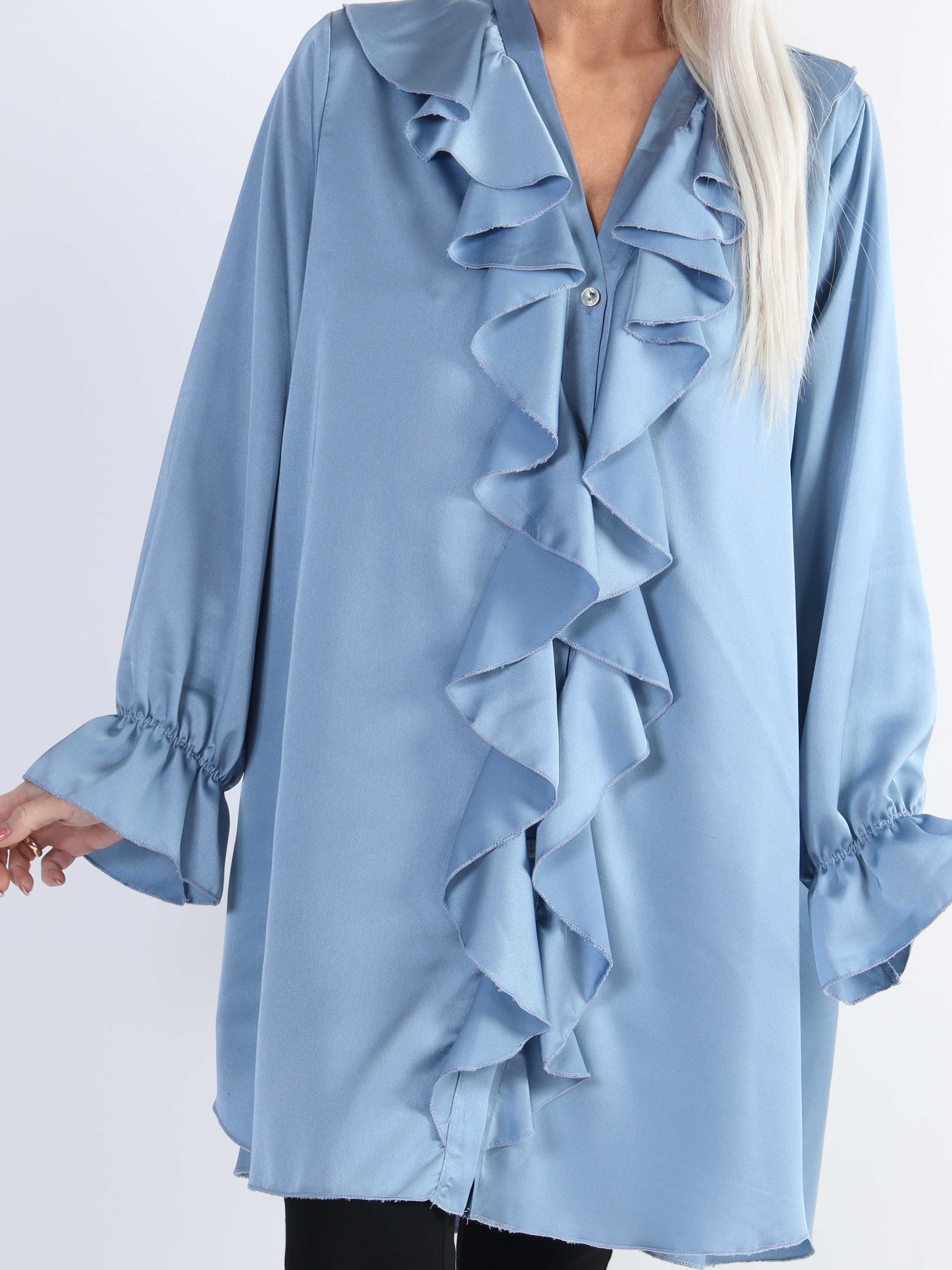 Abira - Plain plus size skjortekjole i silkelook med flæser